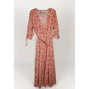Celina Moon Floral Tiered Maxi Dress Pink V-Neck Tassel Short Sleeve Large